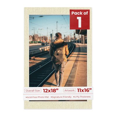 12x18 Mat Bevel Cut for 11x16 Photos - Acid Free Fresh Linen Canvas Precut Matboard With Backing Board and Crystal Clear, Self Seal Photo Mat Bag - For Pictures, Photos, Framing - 4-ply Thickness
