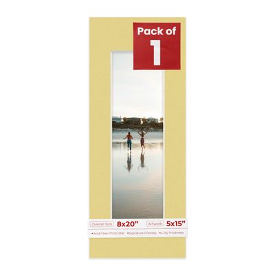 8x20 Mat Bevel Cut for 5x15 Photos - Acid Free Soft Yellow Precut Matboard With Backing Board and Crystal Clear, Self Seal Photo Mat Bag - For Pictures, Photos, Framing - 4-ply Thickness