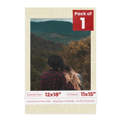 12x18 Mat Bevel Cut for 11x15 Photos - Acid Free Fresh Linen Canvas Precut Matboard With Backing Board and Crystal Clear, Self Seal Photo Mat Bag - For Pictures, Photos, Framing - 4-ply Thickness