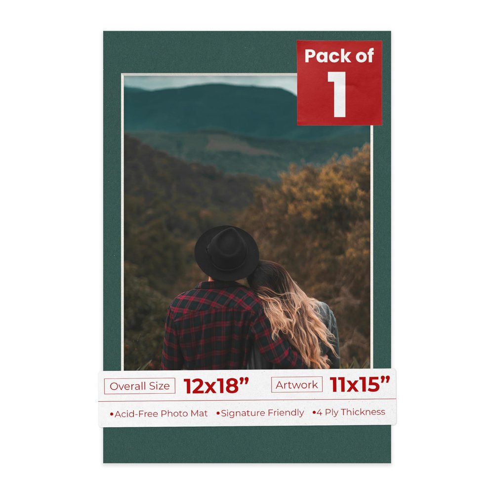 Poster Palooza 12x18 Mat Bevel Cut for 11x15 Photos - Acid Free Forest Green Precut Matboard - For Pictures, Photos, Framing - 4-ply Thickness