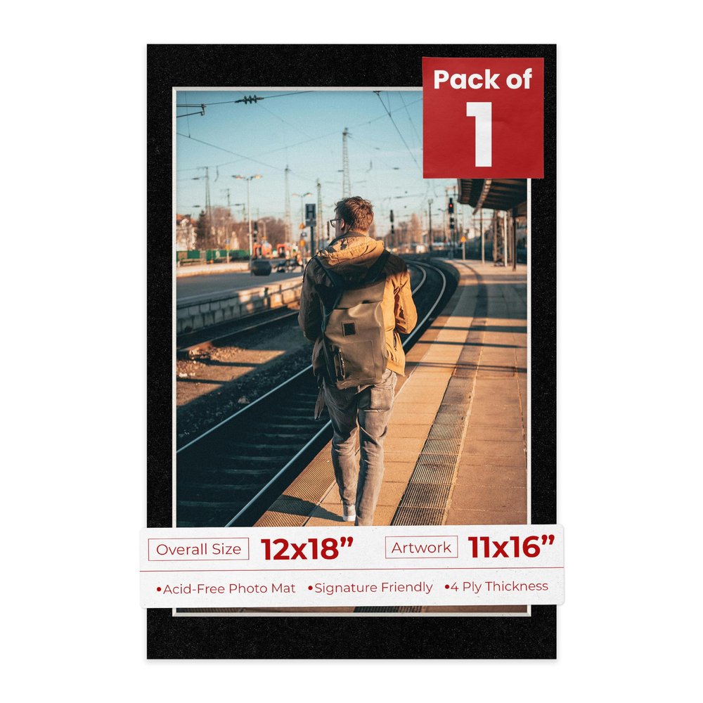 Poster Palooza 12x18 Mat Bevel Cut for 11x16 Photos - Acid Free Black with Black Core Precut Matboard - For Pictures, Photos, Framing - 4-ply Thickness