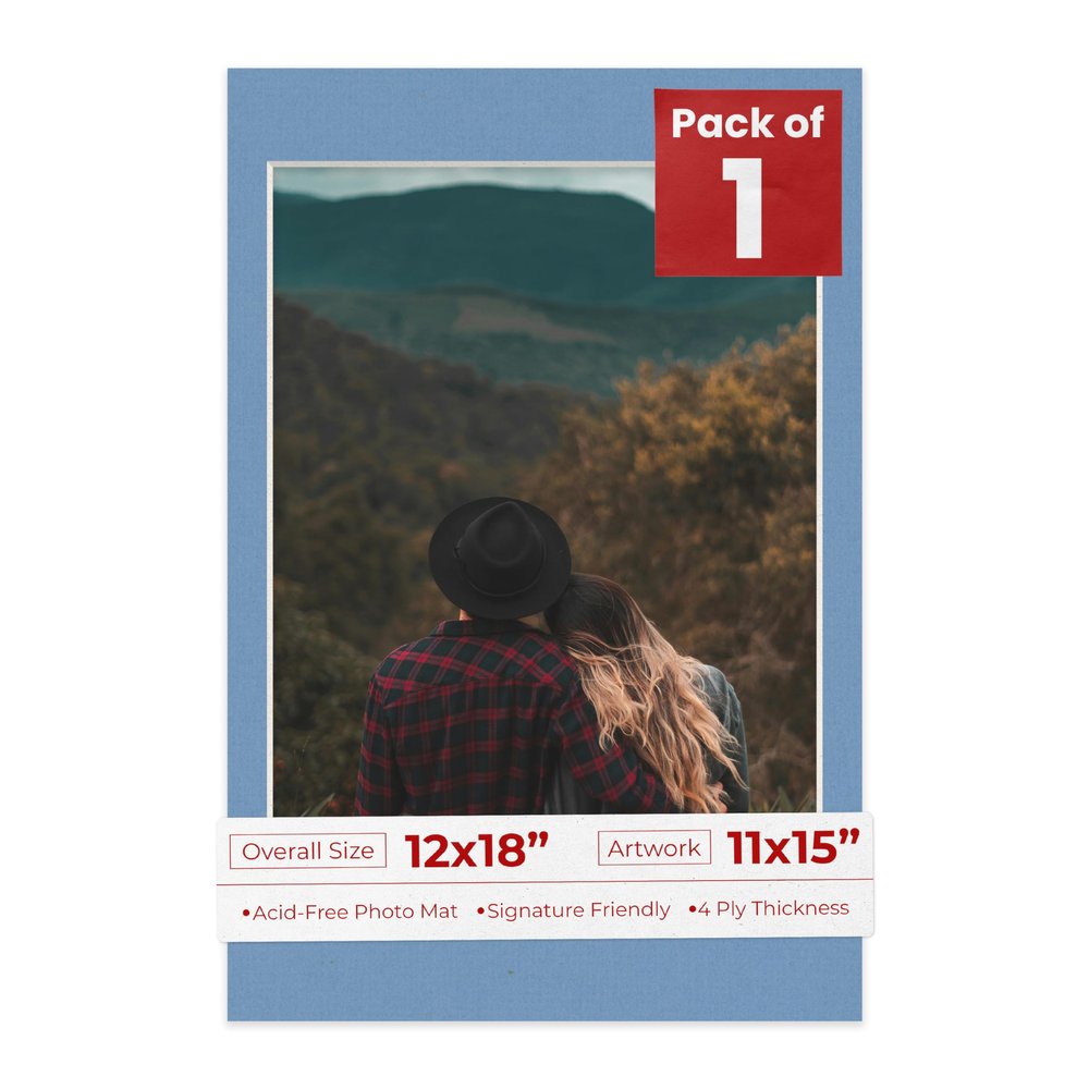 Poster Palooza 12x18 Mat Bevel Cut for 11x15 Photos - Acid Free Brittany Blue Precut Matboard - For Pictures, Photos, Framing - 4-ply Thickness