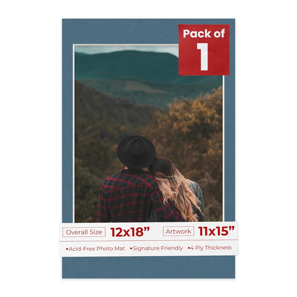 Poster Palooza 12x18 Mat Bevel Cut for 11x15 Photos - Acid Free Steel Blue Precut Matboard - For Pictures, Photos, Framing - 4-ply Thickness