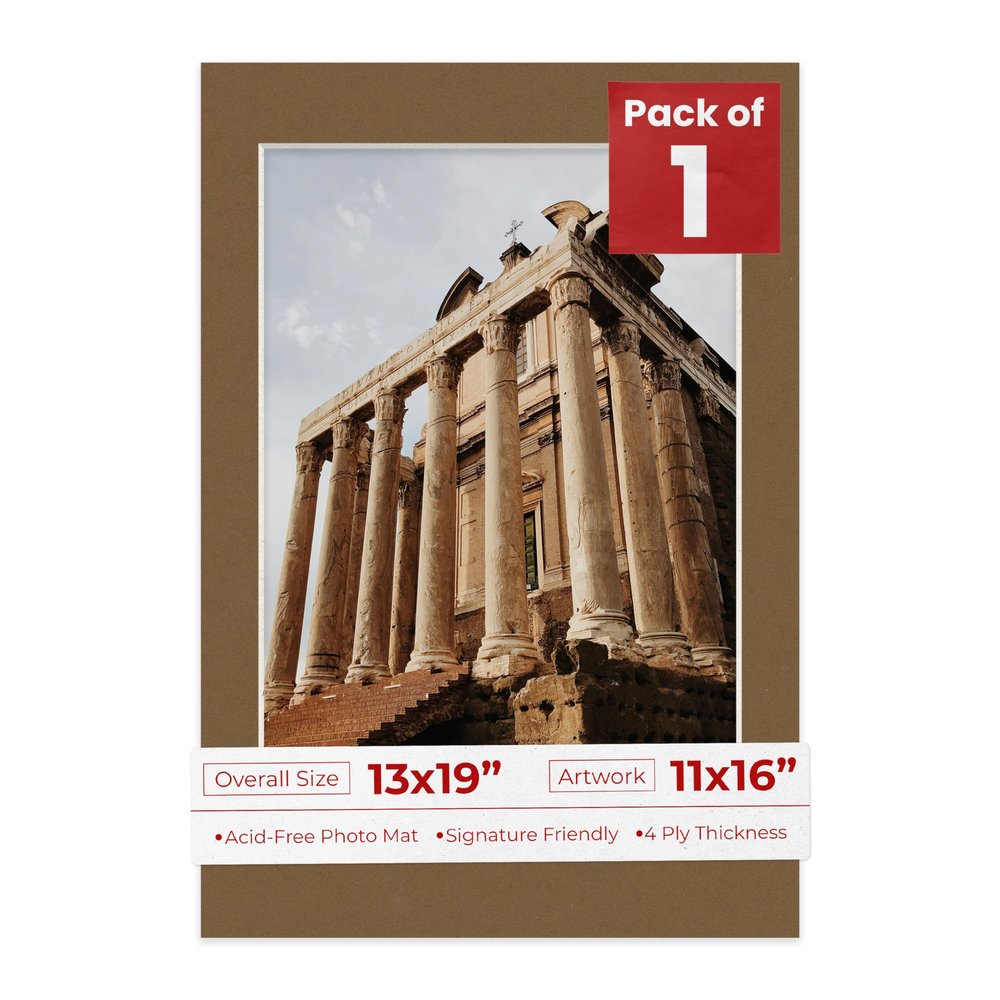 13x19 Mat Bevel Cut for 11x16 Photos - Acid Free Aged Oak Brown Precut Matboard With Backing Board and Crystal Clear, Self Seal Photo Mat Bag - For Pictures, Photos, Framing - 4-ply Thickness