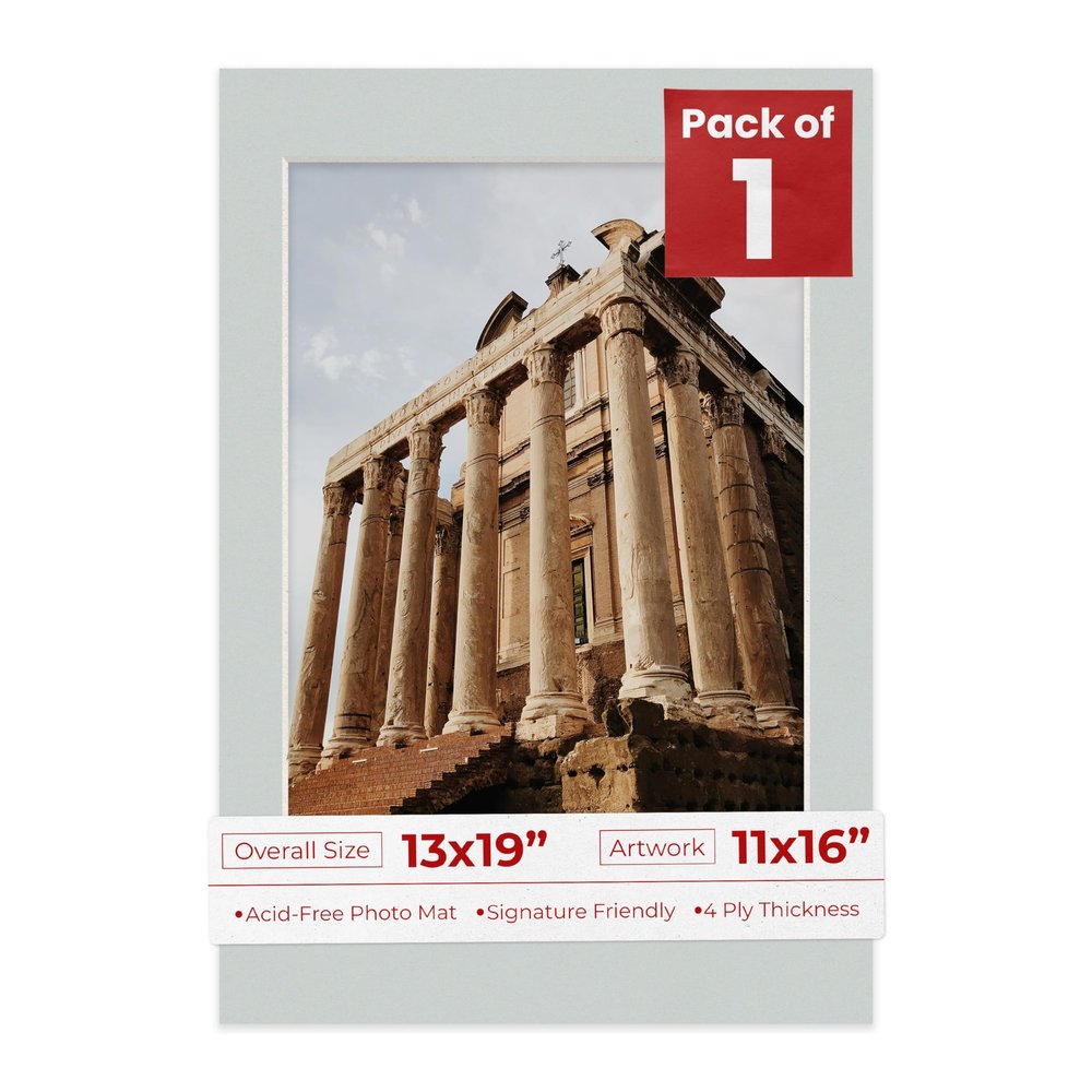 Poster Palooza 13x19 Mat Bevel Cut for 11x16 Photos - Acid Free Grey Precut Matboard - For Pictures, Photos, Framing - 4-ply Thickness