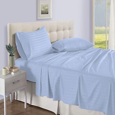 PG Beddings 1000-TC Ultra Soft Egyptian Cotton 4-Piece Sheet Set Olympic Queen Size Bed 24 inch Provides Peaceful Sleep Stripe Pattern, Light Blue