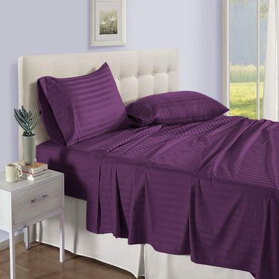 PG Beddings 1000-TC Ultra Soft Egyptian Cotton 4-Piece Sheet Set Twin XL Size Bed 24 inch Provides Peaceful Sleep Stripe Pattern, Plum