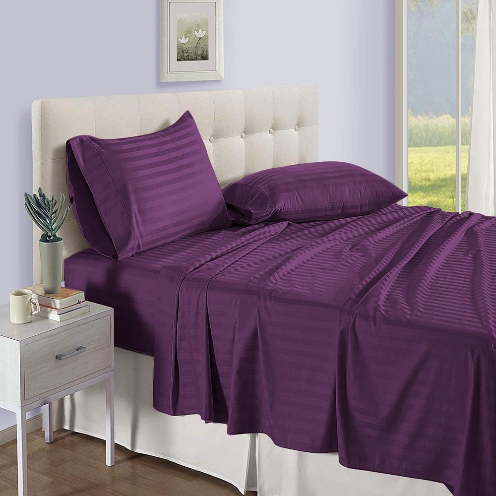 PG Beddings 1000-TC Ultra Soft Egyptian Cotton 4-Piece Sheet Set Twin XL Size Bed 24 inch Provides Peaceful Sleep Stripe Pattern, Plum