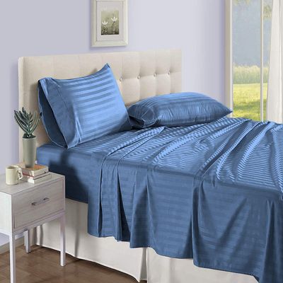 PG Beddings 1000-TC Ultra Soft Egyptian Cotton 4-Piece Sheet Set Full Size Bed 24 inch Provides Peaceful Sleep Stripe Pattern, Medium Blue