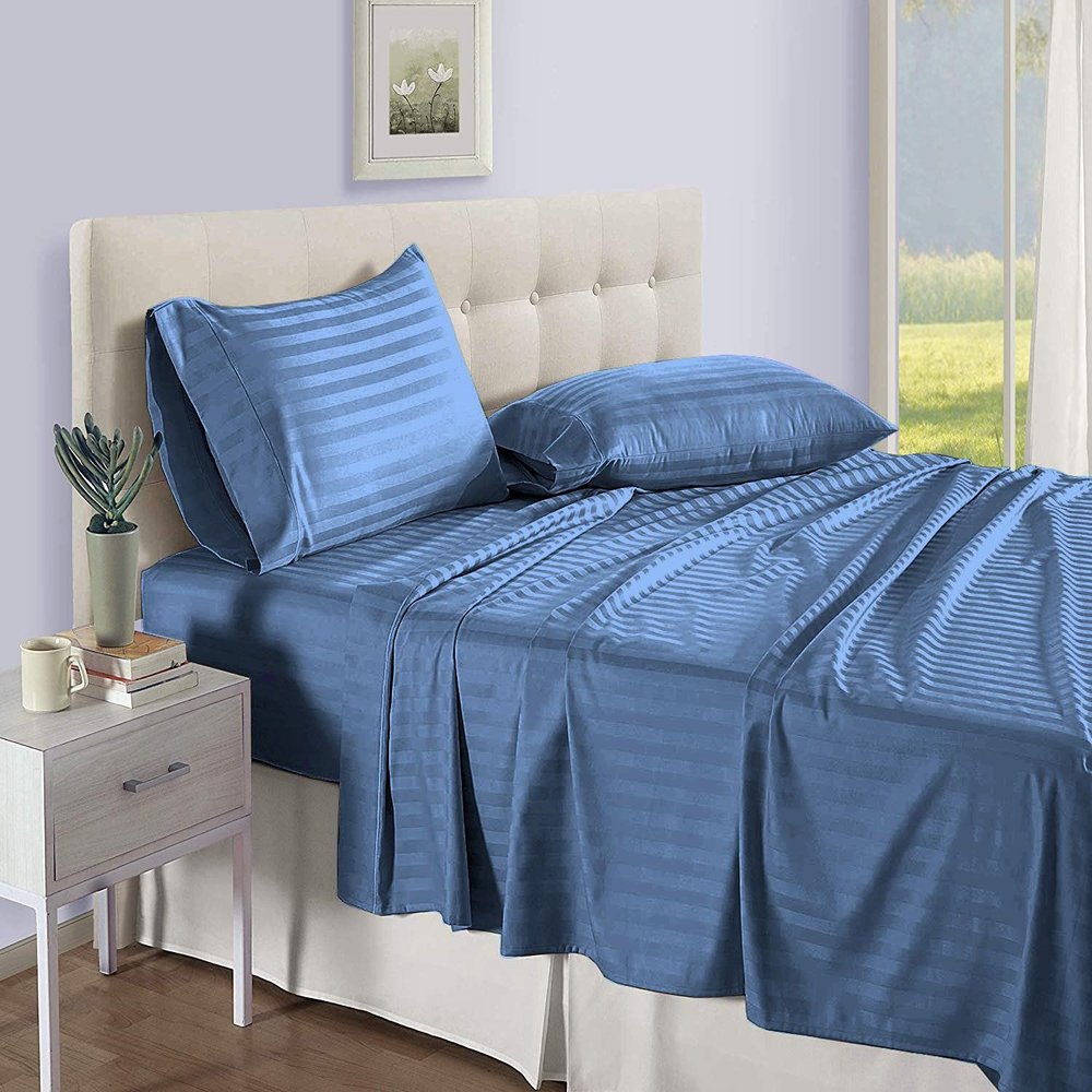 PG Beddings 1000-TC Ultra Soft Egyptian Cotton 4-Piece Sheet Set Full Size Bed 24 inch Provides Peaceful Sleep Stripe Pattern, Medium Blue