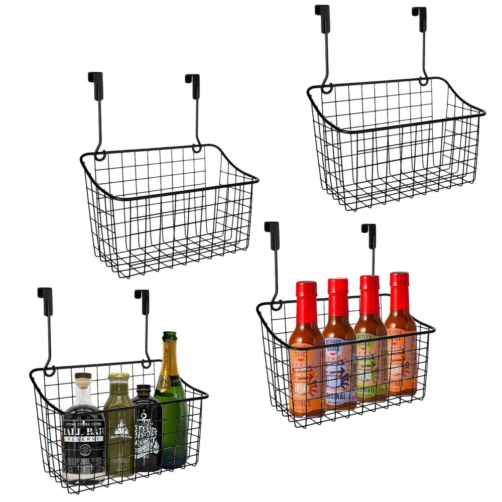 ACXFOND 4PCS Over the Cabinet Basket, Over Cabinet Door Organizer, Grid Storage Baskets with Hooks, Metal Hanging Basket Kitchen Storage Organizer Holder for Pantry, Bathroom, Black, 11x9.2x4.3