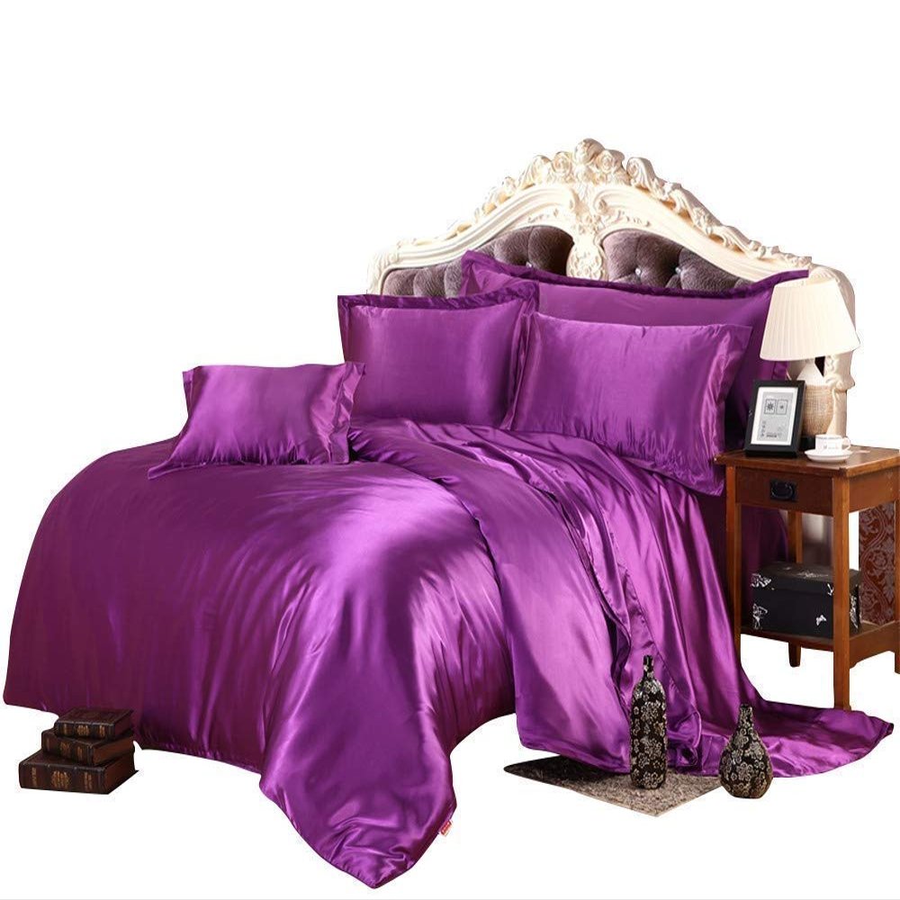 Ultra Soft Silk Like Satin 9 Piece Comforter Set (Comforter + Duvet Cover + Flat Sheet + Fitted Sheet 19" Deep Pocket + 4 Pillow Cases + 1 Bed Skirt) Bedding Set Egg Plant, Olympic Queen