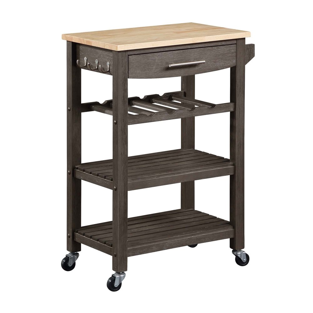 Convenience Concepts Ellaine 4 Tier Kitchen Cart with Drawer and Wine Rack, 24.75 x 16.5 x 34.5, Wirebrush Dark Gray/Butcher Block