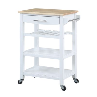 Convenience Concepts Ellaine Butcher Block Kitchen Cart 24.75" - 4 Tier Kitchen Island with Storage Drawer, Dining Room Wine Rack on Wheels, Coffee Station Table, Mobile Utility Trolley, White