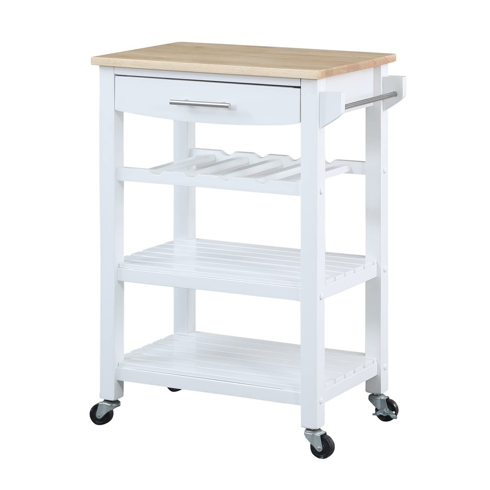 Convenience Concepts Ellaine Butcher Block Kitchen Cart 24.75" - 4 Tier Kitchen Island with Storage Drawer, Dining Room Wine Rack on Wheels, Coffee Station Table, Mobile Utility Trolley, White