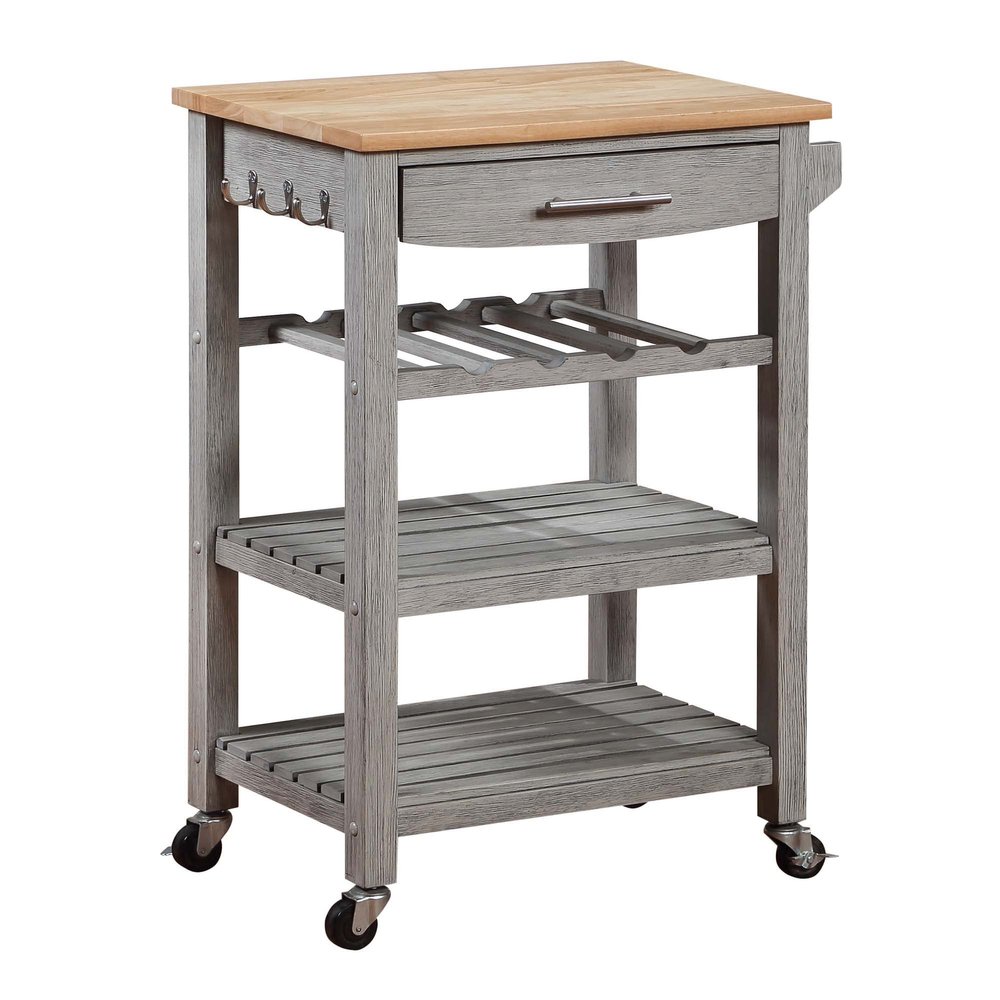 Convenience Concepts Ellaine 4 Tier Kitchen Cart with Drawer and Wine Rack, 24.75 x 16.5 x 34.5, Wirebrush Light/Butcher Block