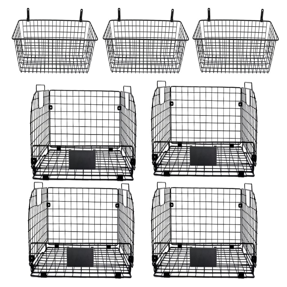 3SET Hanging Wire Baskets and 4 PACK XXL Stackable Basket, Metal Basket,Farmhouse Food Storage Mesh Bin Kitchen Pantry Laundry Closet Garage RV,Black