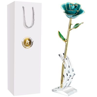 AliveRose Valentines Day Gifts for Wife, 24K Gold Rose Made from Real Rose - Unique Design 24K Dipped Rose for Anniversary Valentines Mothers Day Birthday Gifts (Teal Blue Rose with Stand)
