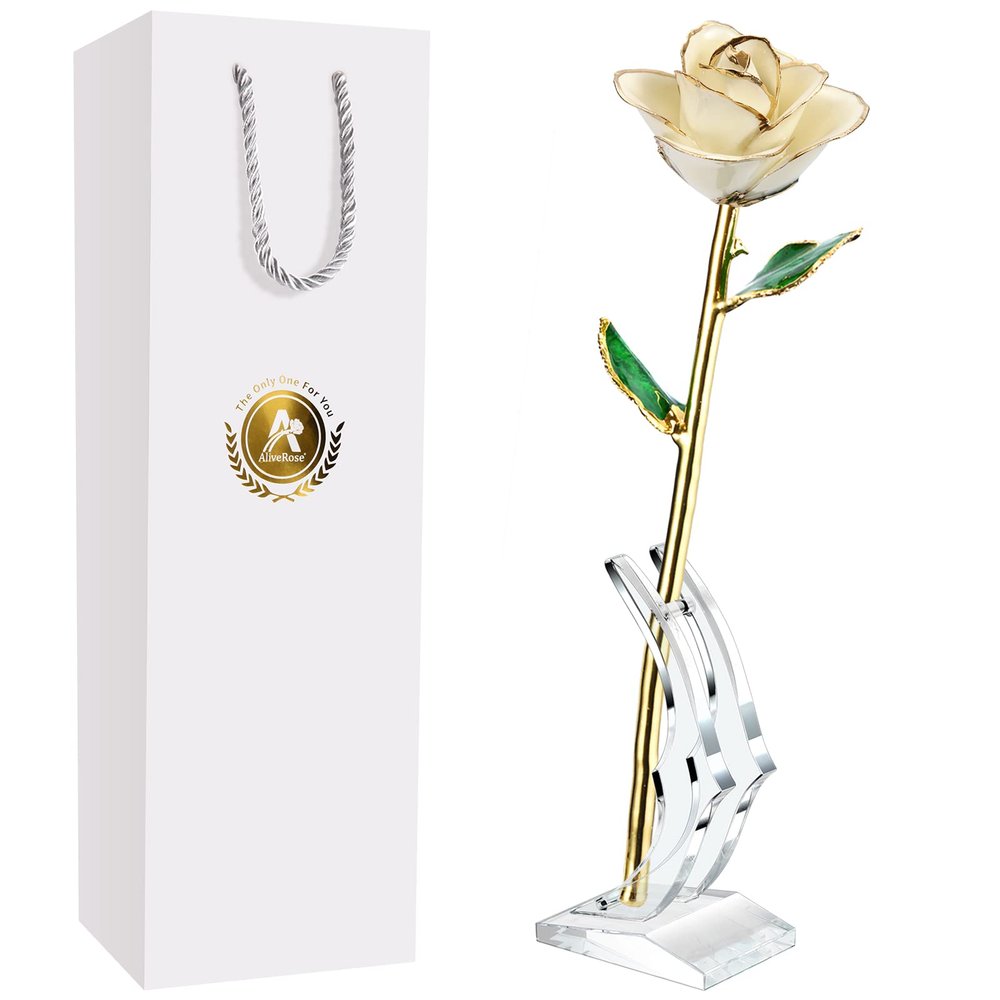 AliveRose 24K Gold Dipped Rose Made from Real Rose - Unique Design Dipped Rose for Anniversary Valentines Mothers Day Birthday Gifts (White with Stand)