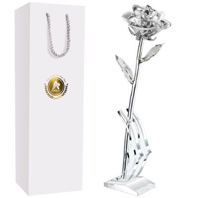 AliveRose 25th Anniversary Silver Rose for Wife - Unique Design Made from Real Rose for Anniversary, Valentine's, Mother's Day, Birthday Gifts (With Stand)