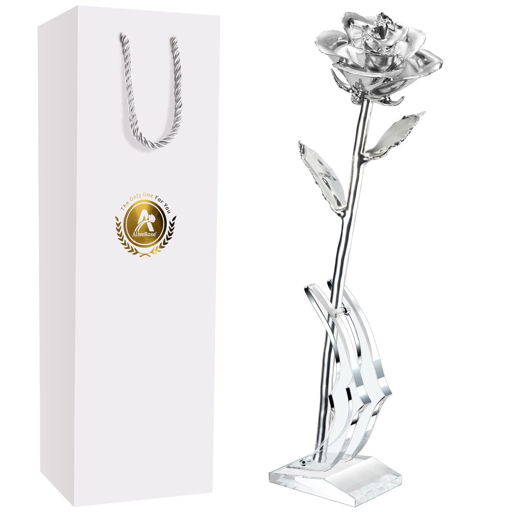 AliveRose 25th Anniversary Silver Rose for Wife - Unique Design Made from Real Rose for Anniversary, Valentine's, Mother's Day, Birthday Gifts (With Stand)