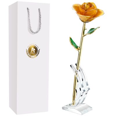 AliveRose Gold Rose Made from Real Rose - Unique Design Dipped Rose for Anniversary Valentines Mothers Day Birthday Gifts (Yellow with Stand)