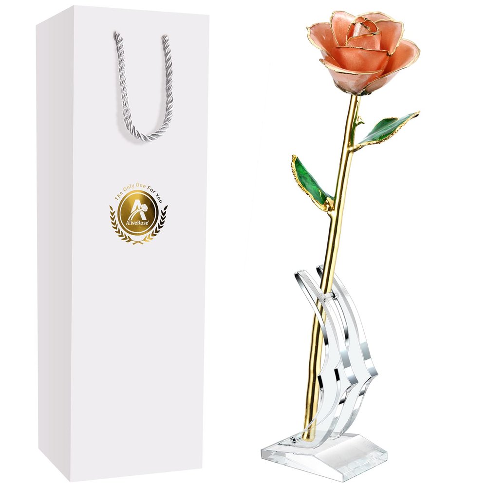 AliveRose Gold Roses, 24K Gold Rose Made from Real Rose - Unique Design Dipped Rose for Anniversary Valentines Mothers Day Birthday Gifts (Pink with Stand)