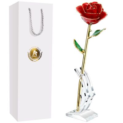 AliveRose 24K Gold Rose Made from Real Rose - Unique Design 24K Dipped Rose for Anniversary Valentines Mothers Day (Red Rose with Stand)