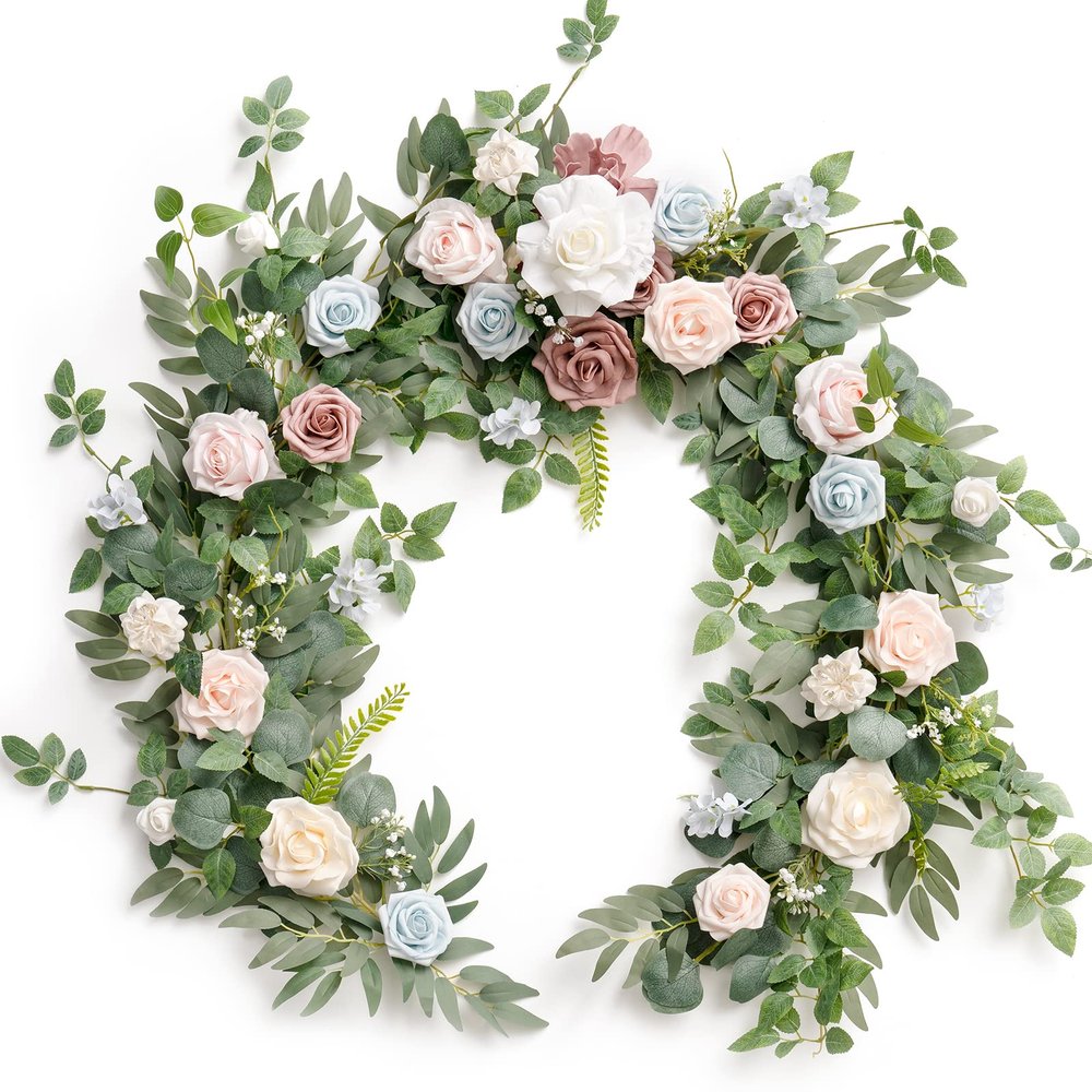 Ling's moment Flower Garland - 6FT Eucalyptus & Rose - Sweetheart Table Decor for Wedding Reception, Artificial Floral Garland for Mantle, Thanksgiving, Christmas Decoration, Blush Powder Blue