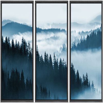 SIGNWIN Framed Canvas Print Wall Art Woodland Nursery Decor Set Blue Duotone Mountain Range Forest Fog Nature Wilderness Realism Decorative Colorful for Living Room, Bedroom, Office - 16"x24"x3 Black