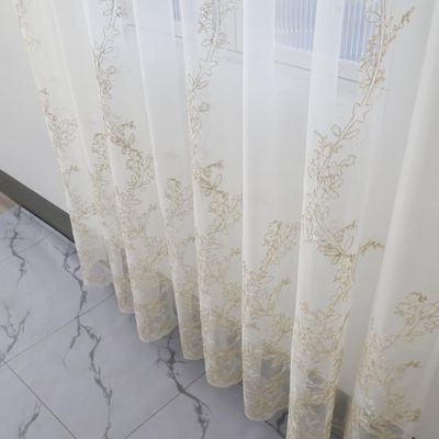 Amidoudou 1 Pair Luxury Embroidered Tulle Curtains for Living Room Wedding 3D Gold Flower Sheer Curtains (White,51x96 Inch)