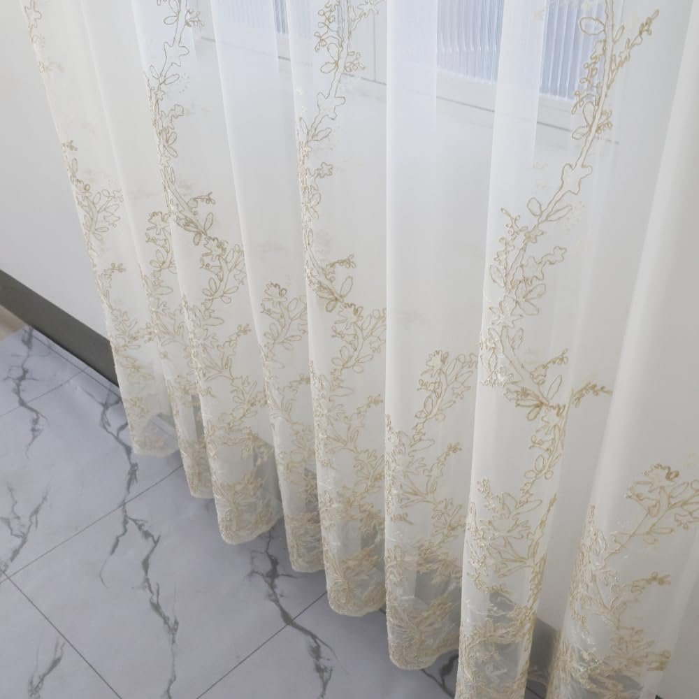 Amidoudou 1 Pair Luxury Embroidered Tulle Curtains for Living Room Wedding 3D Gold Flower Sheer Curtains (White,51x96 Inch)