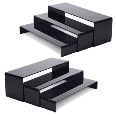 ANDGOO 6Pcs Large Acrylic Risers, 2 Set(11.2L~11.6L~12L) Black Rectangular Showcase Collectibles Display Shelf, Retail Desktop Display Stand for Organize and Decoration