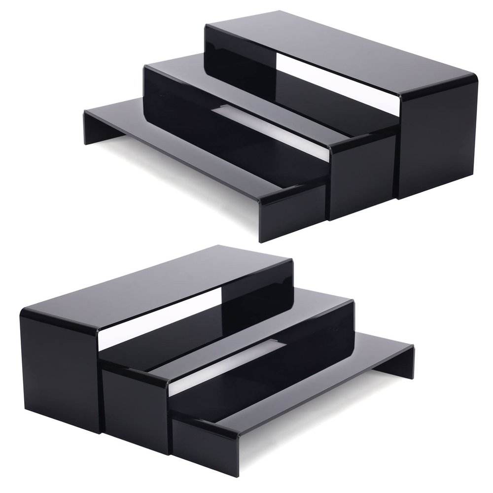 ANDGOO 6Pcs Large Acrylic Risers, 2 Set(11.2L~11.6L~12L) Black Rectangular Showcase Collectibles Display Shelf, Retail Desktop Display Stand for Organize and Decoration