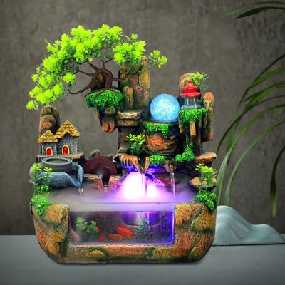 Tabletop Fountain, Mini Silent Indoor Outdoor 12LED Waterfall Fountain Zen Meditation Desktop Simulation Resin Rockery Water Fountain Bonsai Home Decor with Atomizer for Office Relaxation US Plug 110V