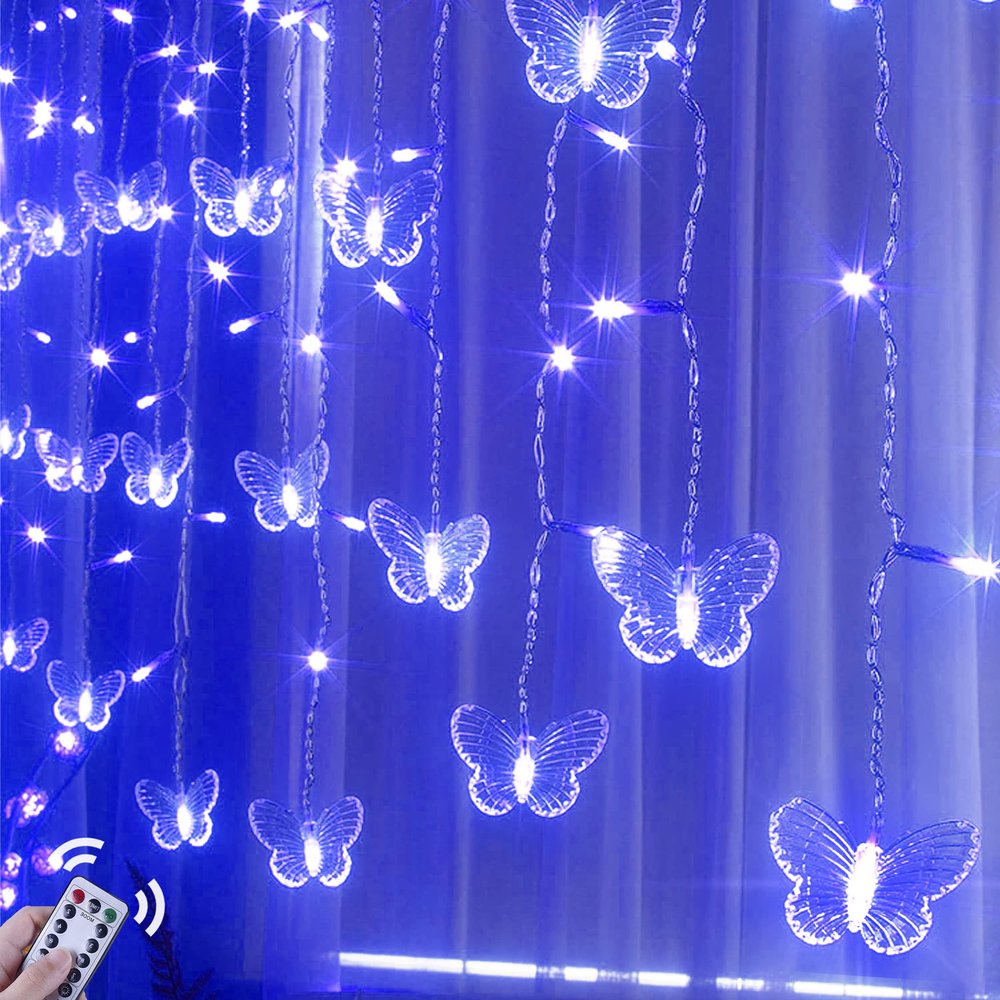 Butterfly Curtain Fairy Lights USB Plug in,8 Modes 120 LED 20FT Firefly Twinkle Timer String Lights with Remote, Waterproof Copper Wire for Bedroom Patio Christmas Wedding Party(Blue)