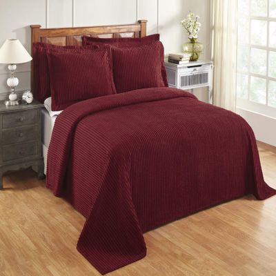 Better Trends Chenille Bedspreads Full/Double Size, Burgundy 100% Cotton Chenille Stripe Design Tufted Bedding Coverlet Soft Lightweight, 96"x110" with 2 Sham, 3 Pieces Set Jullian Collection