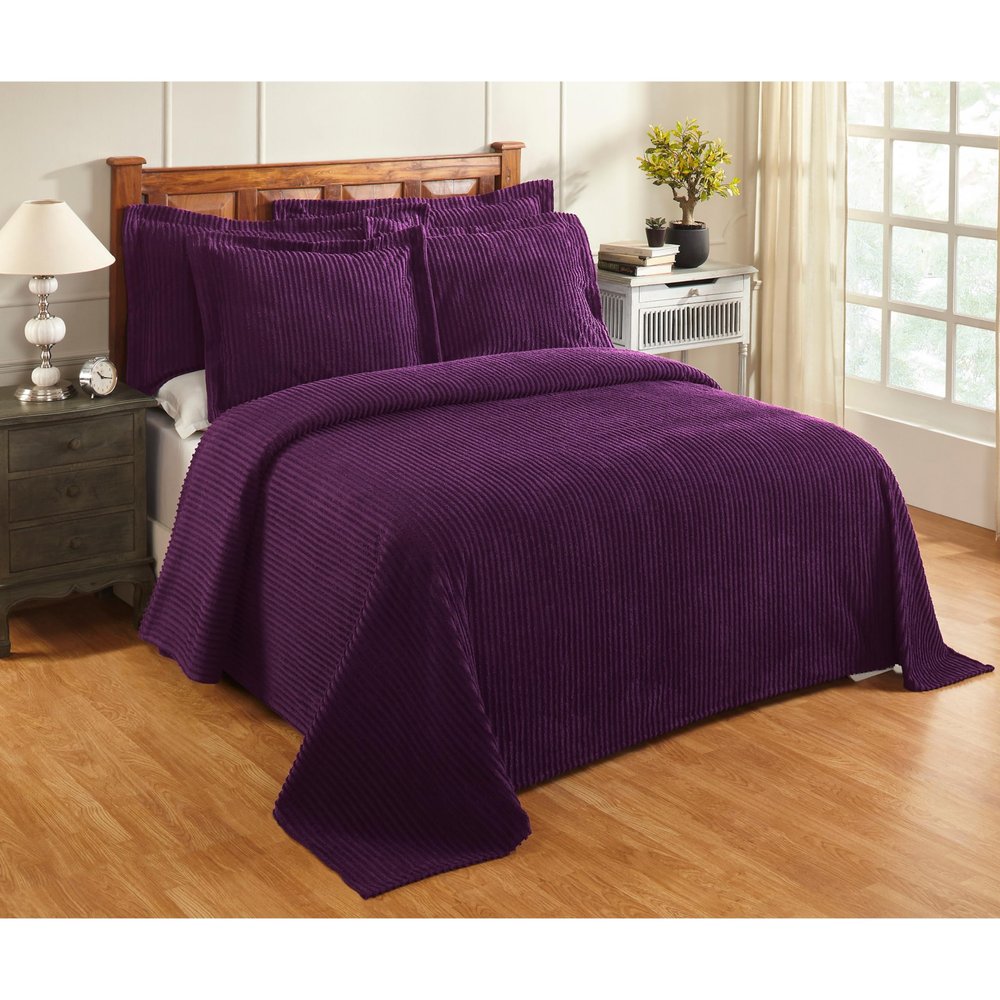 Better Trends Chenille Bedspreads Twin Size, Plum 100% Cotton Chenille Stripe Design Tufted Bedding Coverlet Soft Lightweight, 96"x110" with 1 PC Sham 2 Pieces Set Jullian Collection