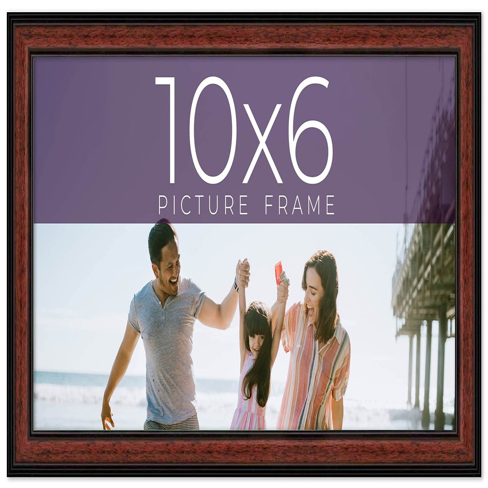 10x6 Frame Executive Brown Round Mahogany Finish Solid Wood Picture Frame | 1.25 Inch Moulding Width | Seeley Frame Complete with UV Acrylic Plexiglass, Foam Board Backing & Hanging Hardware
