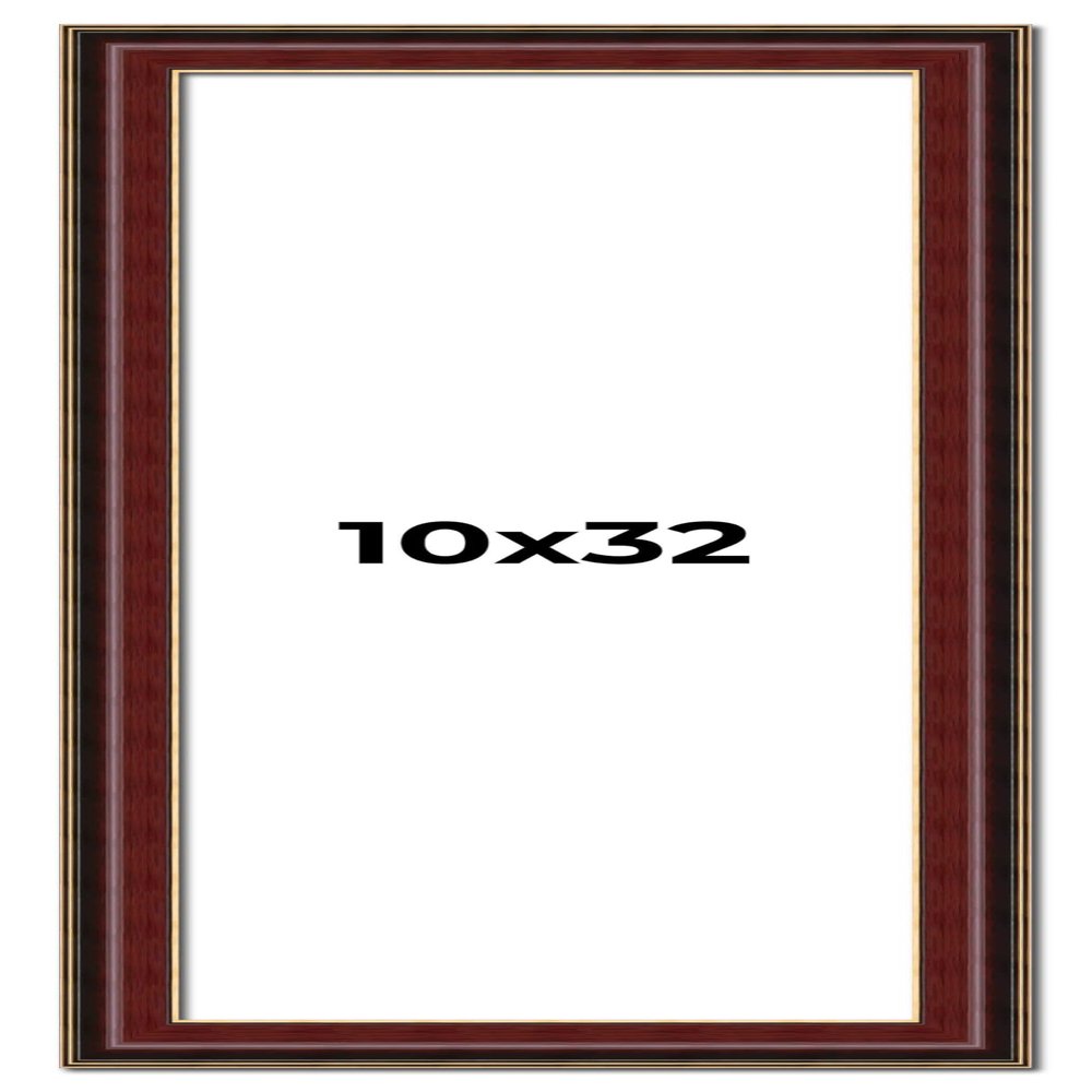 10x32 Frame Mahogany Brown with Gold Trim | Solid Wood Picture Frame Width 1.5 Inches | Interior Depth 0.5 Inches | Charles Executive Frame with UV Acrylic, Foam Board Backing & Hanging Hardware