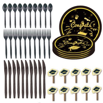 50PCS Graduation Party Supplies 2022, Graduation Party Tableware Decorations Include Graduate Plates, Knifes, Forks, Spoons, Cake flag, Congrats Grad Decorations Dinnerware