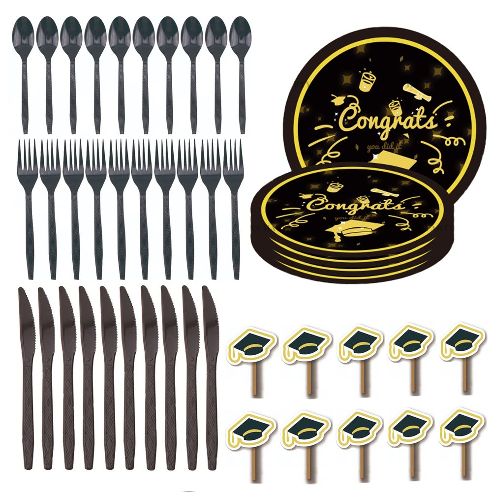 50PCS Graduation Party Supplies 2022, Graduation Party Tableware Decorations Include Graduate Plates, Knifes, Forks, Spoons, Cake flag, Congrats Grad Decorations Dinnerware