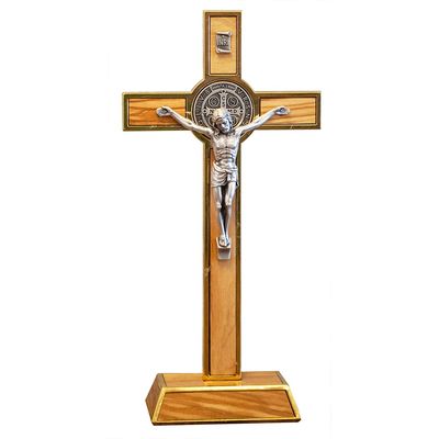 Standing Saint Benedict Medal Crucifix | Patron Saint of Students and Europe | Catholic Home Dcor | Great Gift for Baptism, First Holy Communion, and Confirmation (Gold-Tone and Wood)