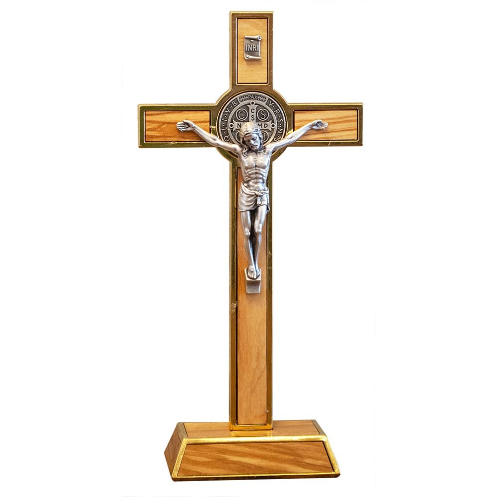 Standing Saint Benedict Medal Crucifix | Patron Saint of Students and Europe | Catholic Home Dcor | Great Gift for Baptism, First Holy Communion, and Confirmation (Gold-Tone and Wood)
