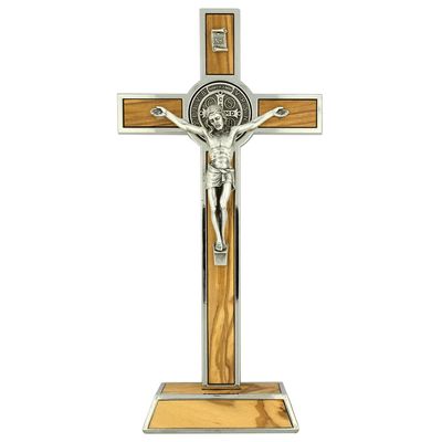 Standing Saint Benedict Medal Crucifix | Patron Saint of Students and Europe | Catholic Home Dcor | Great Gift for Baptism, First Holy Communion, and Confirmation (Silver-Tone and Wood)
