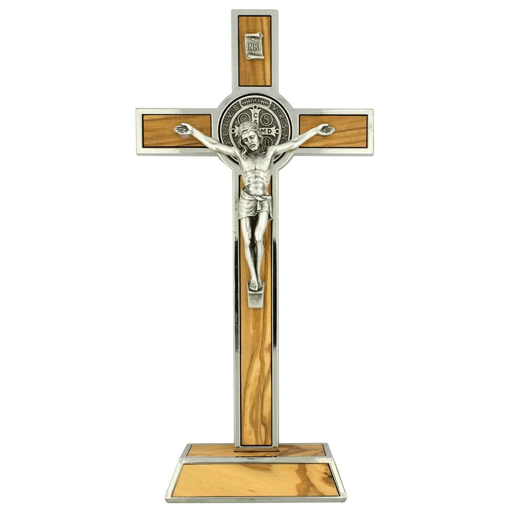 Standing Saint Benedict Medal Crucifix | Patron Saint of Students and Europe | Catholic Home Dcor | Great Gift for Baptism, First Holy Communion, and Confirmation (Silver-Tone and Wood)