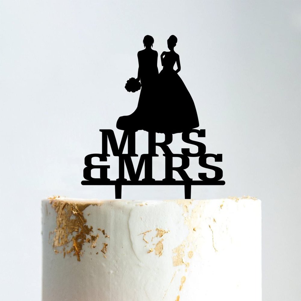 Wedding Lesbian Two Brides Silhouette Wedding Cake Decor with Pet Rustic Mrs And Mrs Cake Topper Family Wedding Cake Topper Two Names Topper Anniversary Baptism Cake Topper Black Acrylic, 6 Inch