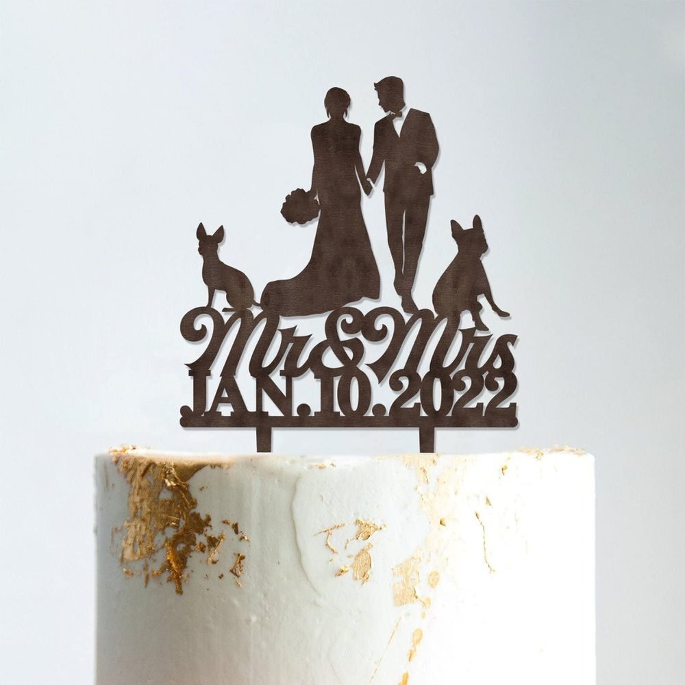 Mr And Mrs Cake Topper Bride And Groom with Pet Wedding Cake Topper Couple Silhouette Custom Wedding Cake Topper Anniversary Baptism Cake Topper Brown Wood, 6 Inch