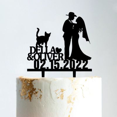 Mr & Mrs Monogram Bridal Shower Topper Bride And Groom with Pet Wedding Cake Topper Couple Silhouette Custom Initials Cake Topper Rustic Wedding Cake Topper Black Acrylic, 6 Inch