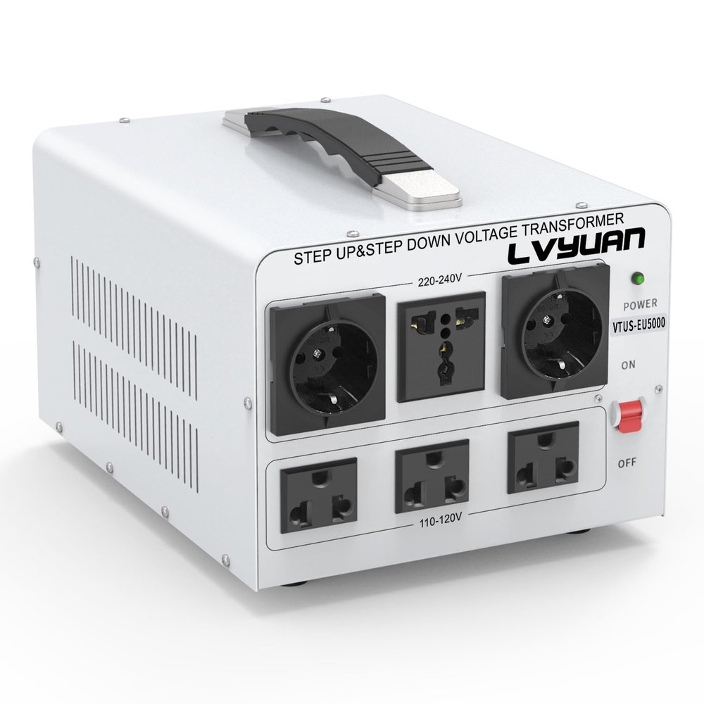LVYUAN Heavy Duty 5000W Watt Voltage Transformer Converter Step Up/Down Converter 110/120 Volt - 220/240 Volt with 3 US,2 European,1 Universal Outlets and CE Certified,Circuit Break Protection